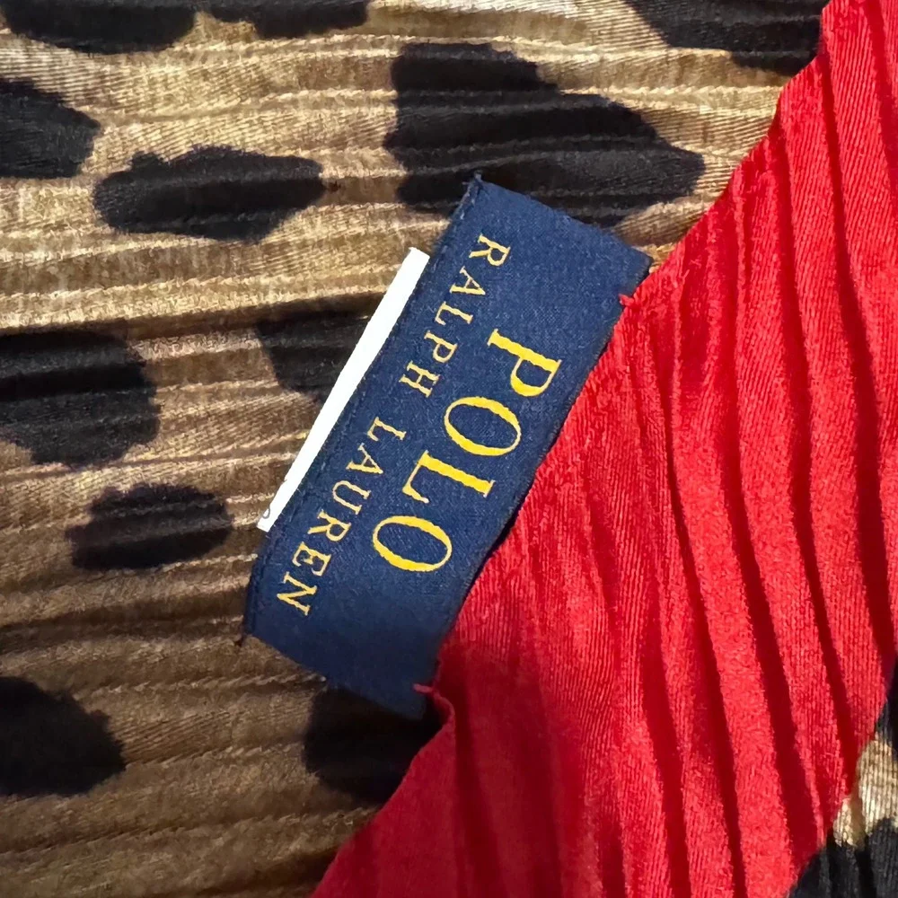 Polo Ralph Lauren Plisse Silk Scarf Leopard Animal Print Red Border Pleated Sq